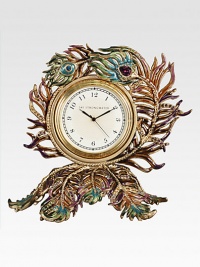 Swirling peacock feathers, in gloriously colored enamel and jewel-toned Swarovski crystals, surround an elegant clock for a luxurious accent on a mantle or night table.Quartz movementEnamel and crystalHandmade, hand-enameled and hand-set4.75L X 4.25H X 3DMade in USA