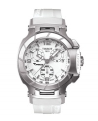 Sporting edgy details inspired by moto-racing, this Tissot watch blends feminine grace with high-speed fashion. T-Race timepiece crafted of white rubber strap with logo detail and round stainless steel case. White chronograph dial features tachymeter scale at outer rim, silver tone numerals at twelve, nine and six o'clock, silver tone applied stick indices, minute track, date window at four o'clock, luminous three hands, three subdials and logo at twelve o'clock. Swiss quartz movement. Water resistant to 100 meters. Two-year limited warranty. Sporting edgy details inspired by moto-racing, this Tissot watch blends feminine grace with high-speed fashion. T-Race timepiece crafted of white rubber strap with logo detail and round stainless steel case. White chronograph dial features tachymeter scale at outer rim, silver tone numerals at twelve, nine and six o'clock, silver tone applied stick indices, minute track, date window at four o'clock, luminous three hands, three subdials and logo at twelve o'clock. Swiss quartz movement. Water resistant to 100 meters. Two-year limited warranty.