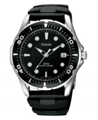 In bold black and silvertone, this modern men's watch from Pulsar is an everyday essential. Black polyurethane bracelet and silvertone stainless steel round case. Black round dial with logo, date window and stick indices. Quartz movement. Water resistant to 100 meters. Three-year limited warranty. In bold black and silvertone, this modern men's watch from Pulsar is an everyday essential. Black polyurethane bracelet and silvertone stainless steel round case. Black round dial with logo, date window and stick indices. Quartz movement. Water resistant to 100 meters. Three-year limited warranty.
