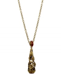 Ornate opulence. T Tahari's pendant necklace, part of the Deco Lace Collection, is crafted from gold-tone mixed metal with red glass crystal and Bordeaux accents for a stunning effect. Approximate length: 36 inches. Approximate drop: 3-1/8 inches Ornate opulence. T Tahari's pendant necklace, part of the Deco Lace Collection, is crafted from gold-tone mixed metal with red glass crystal and Bordeaux accents for a stunning effect. Approximate length: 36 inches. Approximate drop: 3-1/8 inches
