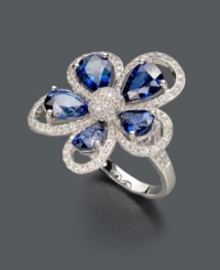 Breathe new life into your look with this beautiful bloom. Effy Collection ring features a stunning flower crafted in 14k white gold with pear-cut sapphire petals (3-1/10 ct. t.w.) and sparkling diamond surroundings (3/8 ct. t.w.). Breathe new life into your look with this beautiful bloom. Effy Collection ring features a stunning flower crafted in 14k white gold with pear-cut sapphire petals (3-1/10 ct. t.w.) and sparkling diamond surroundings (3/8 ct. t.w.).