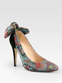 A dimensional bow backs this lady-like pump in suede and textured floral-print wool. Suede-covered heel, 4¼ (110mm)Wool and suede upperLeather lining and solePadded insoleMade in Italy A dimensional bow backs this lady-like pump in suede and textured floral-print wool. Suede-covered heel, 4¼ (110mm)Wool and suede upperLeather lining and solePadded insoleMade in Italy