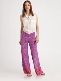 An eclectic bohemian print highlights this elongated silk design finished with a comfortable drawstring waist.Drawstring waistbandFlat frontBell bottom legsRise, about 6Inseam, about 33SilkDry cleanImportedModel shown is 5'9 (175cm) wearing US size Small. An eclectic bohemian print highlights this elongated silk design finished with a comfortable drawstring waist.Drawstring waistbandFlat frontBell bottom legsRise, about 6Inseam, about 33SilkDry cleanImportedModel shown is 5'9 (175cm) wearing US size Small.