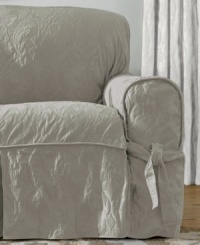 Ripe and ready for spring, the Matelasse Damask slipcover collection presents a fresh damask design for your furniture. Rounded arms with extra-thick cording and a straight skirt with four sets of ties make this slipcover sturdy and compatible with any style furniture, from slim-lined to camel back. Ripe and ready for spring, the Matelasse Damask slipcover collection presents a fresh damask design for your furniture. Rounded arms with extra-thick cording and a straight skirt with four sets of ties make this slipcover sturdy and compatible with any style furniture, from slim-lined to camel back.
