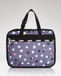 Pretty-basic: this nylon LeSportsac cosmetics case features a top zip closure which opens to a well-organized interior. And as for the print...we heart.