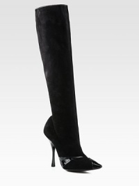 A sculpted boot in buttery suede with a hint of stretch and glossy patent leather trim. Lacquered heel, 4½ (115mm)Shaft, 16Leg circumference, 12½Stretch suede upper with patent leather trimPoint toePull-on styleLeather lining and solePadded insoleMade in Italy A sculpted boot in buttery suede with a hint of stretch and glossy patent leather trim. Lacquered heel, 4½ (115mm)Shaft, 16Leg circumference, 12½Stretch suede upper with patent leather trimPoint toePull-on styleLeather lining and solePadded insoleMade in Italy