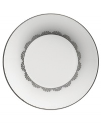 Vera Wang marries modern shapes with traditional lace in this set of dinnerware. The dishes are decidedly timeless. Platinum trim and banding add delicate feminine touches to this white bone china saucer. Vera Wang marries modern shapes with traditional lace in this set of dinnerware. The dishes are decidedly timeless. Platinum trim and banding add delicate feminine touches to this white bone china saucer.