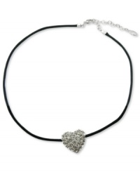 Romance on the line. A heart pendant embellished with pave stones dangles from a rich leather cord on this darling GUESS necklace. Crafted in silver tone mixed metal with a jet leather cord. Approximate length: 16 inches + 2-inch extender. Approximate drop: 1/2 inch. Romance on the line. A heart pendant embellished with pave stones dangles from a rich leather cord on this darling GUESS necklace. Crafted in silver tone mixed metal with a jet leather cord. Approximate length: 16 inches + 2-inch extender. Approximate drop: 1/2 inch.
