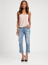 The classic five-pocket style, crafted in a slouchy-chic boyfriend fit.THE FITRelaxed fitRise, about 8Inseam, about 30THE DETAILSZip flyFive-pocket styleBack patch pockets92% cotton/7% polyester/1% spandexHand wash or dry cleanMade in USA of imported fabricModel shown is 5'8½ (174cm) wearing US size 4. The classic five-pocket style, crafted in a slouchy-chic boyfriend fit.THE FITRelaxed fitRise, about 8Inseam, about 30THE DETAILSZip flyFive-pocket styleBack patch pockets92% cotton/7% polyester/1% spandexHand wash or dry cleanMade in USA of imported fabricModel shown is 5'8½ (174cm) wearing US size 4.
