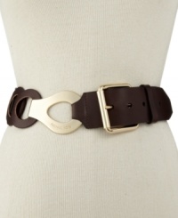 MICHAEL Michael Kors brings pure style with this unique take on the leather belt. With a circular linked body and logo-engraved metal accent at the front, you'll turn heads whether you pair it with jeans or a dress. MICHAEL Michael Kors brings pure style with this unique take on the leather belt. With a circular linked body and logo-engraved metal accent at the front, you'll turn heads whether you pair it with jeans or a dress.