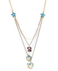 Sweet sea life adorns this darling multi-row pendant necklace from Betsey Johnson. Embellished with a turquoise starfish charm, blue fish with gold tone details and crystal accents, blue crab with gold tone details and crystal accents and crystal-faceted heart with blue-colored accents. Crafted in antique gold tone mixed metal. Approximate length: 16 inches + 3-inch extender. Approximate drop: 3-1/4 inches.