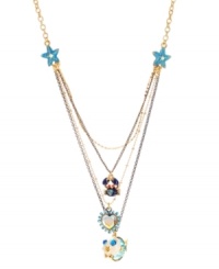 Sweet sea life adorns this darling multi-row pendant necklace from Betsey Johnson. Embellished with a turquoise starfish charm, blue fish with gold tone details and crystal accents, blue crab with gold tone details and crystal accents and crystal-faceted heart with blue-colored accents. Crafted in antique gold tone mixed metal. Approximate length: 16 inches + 3-inch extender. Approximate drop: 3-1/4 inches. Sweet sea life adorns this darling multi-row pendant necklace from Betsey Johnson. Embellished with a turquoise starfish charm, blue fish with gold tone details and crystal accents, blue crab with gold tone details and crystal accents and crystal-faceted heart with blue-colored accents. Crafted in antique gold tone mixed metal. Approximate length: 16 inches + 3-inch extender. Approximate drop: 3-1/4 inches.