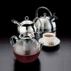 Contemporary tea kettles from WMF. Shown back to front: Orbit tea kettle, Ball tea kettle, glass tea pot with infuser.