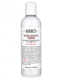 This mild yet effective toner for all skin types helps refine surface texture while providing the ideal preparation for classic Ultra Facial Moisturizer. Made with effective emollients Squalane, Apricot Kernel Oil, Avocado Oil and Vitamin E, our non-alcoholic toning formula gently removes surface debris and remaining residue while hydrating and comforting skin. PH-balanced for optimal comfort, it will not over-dry or strip skin of its natural oils. 8.4 oz. 