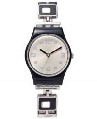 This black and white feminine watch from Swatch's Chessboard collection catches the eye with a chessboard-inspired design. This black and white feminine watch from Swatch's Chessboard collection catches the eye with a chessboard-inspired design.