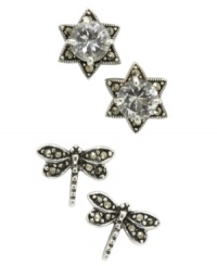 Shine on this season with this sparkly stud earring set from City by City. Includes a pair of marcasite-embellished dragonflies and round-cut cubic zirconias (2-7/8 ct. t.w.) in a star-shaped setting. Crafted in antiqued silver tone mixed metal. Nickel-free for sensitive skin.