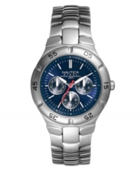 Sporty, cool style that promises you'll always be on time. Round blue dial with three-hand function and three sub dials. Polished stainless-steel case and bracelet. Water-resistant to 100 meters. Five-year warranty. Sporty, cool style that promises you'll always be on time. Round blue dial with three-hand function and three sub dials. Polished stainless-steel case and bracelet. Water-resistant to 100 meters. Five-year warranty.