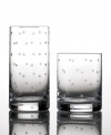 Adorable etched polka dots lend a touch of whimsy to these otherwise classic double old fashioned glasses. Crafted in thick, clear crystal for easy elegance. Shown right.