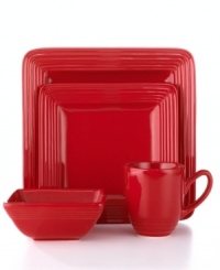 Brighten up. The cherry-red Dekko place settings will snap everyone around your table to attention when they see this collection of Laurie Gates dinnerware. The dishes boast modern shapes that look extra sharp with defined edges and a glossy finish. Brighten up. The cherry-red Dekko place settings will snap everyone around your table to attention when they see this collection of Laurie Gates dinnerware. The dishes boast modern shapes that look extra sharp with defined edges and a glossy finish.