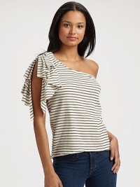 A drapey ruffle tumbles down the side of this soft one-shoulder knit.Bust darts Rounded hem dips lower in back About 23 from shoulder to hem 70% cotton/30% polyester Machine wash Imported A drapey ruffle tumbles down the side of this soft one-shoulder knit.Bust darts Rounded hem dips lower in back About 23 from shoulder to hem 70% cotton/30% polyester Machine wash Imported