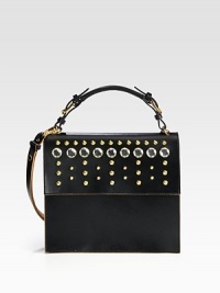 A modern and avant-garde brand with beautifully-crafted pieces such as this luxurious leather style accented with dazzling stones and studs.Top handle, 5¾Detachable adjustable shoulder strap, 12¼-20¾ dropMagnetic snap flap closure10½W X 9¾H X 2½DMade in Italy