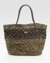 Two-toned woven grass design with palm tree details for a truly tropical look. Woven grass9W X 13H X 28DSpot cleanImported