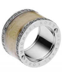 On the hunt. This safari-inspired style by Michael Kors combines acetate horn and sparkling pave-set glass accents in a barrel-shaped band. Set in silver tone mixed metal. Size 7. On the hunt. This safari-inspired style by Michael Kors combines acetate horn and sparkling pave-set glass accents in a barrel-shaped band. Set in silver tone mixed metal. Size 7.