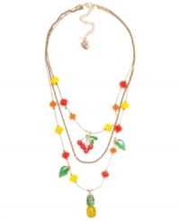 Who knew fruit could be so fashionable? Betsey Johnson's antique gold tone mixed metal necklace is a colorful mixed bag: pineapple with green details and crystal accents, red cherries, green and gold-tone leaves, red, yellow, and red faceted beads. Approximate length: 16 inches + 3-inch extender. Approximate drop: 3-3/4 inches.