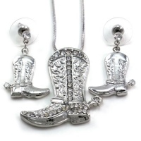 Lucky Western Cowboy Boots Charm Pendant Necklace & Earrings 2-piece Set High Polish Silver Tone Jewelry Lucky Western Cowboy Boots Charm Pendant Necklace & Earrings 2-piece Set High Polish Silver Tone Jewelry