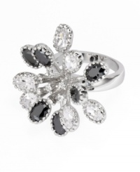 Add a little spark with this head-turning crystal ring by City by City. Crafted in silver tone mixed metal, ring features a flower shape accented with oval-cut clear and jet black cubic zirconia (8-1/2 ct. t.w.). Size 7 and 8. Add a little spark with this head-turning crystal ring by City by City. Crafted in silver tone mixed metal, ring features a flower shape accented with oval-cut clear and jet black cubic zirconia (8-1/2 ct. t.w.). Size 7 and 8.
