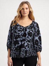 Fine silk meets a brilliant duo of floral prints to create a beyond-flattering style easily paired with your favorite jeans.Feminine necklineButton placketCurved hemAllover printPull-on styleAbout 28 from shoulder to hemSilkDry cleanImported Fine silk meets a brilliant duo of floral prints to create a beyond-flattering style easily paired with your favorite jeans.Feminine necklineButton placketCurved hemAllover printPull-on styleAbout 28 from shoulder to hemSilkDry cleanImported