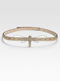 An edgy, supple leather design embellished with a Swarovski crystal and lucite dragonfly, antique gold studs and adjustable back closure.About 1.6 wideMade in Italy An edgy, supple leather design embellished with a Swarovski crystal and lucite dragonfly, antique gold studs and adjustable back closure.About 1.6 wideMade in Italy
