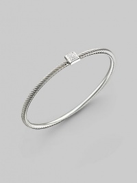 From the Cable Bangle collection. Slim sterling silver has classic cable design and sparkling square diamond accent. Diamonds, 0.07 tcw Sterling silver Diameter, about 2½ Imported From the Cable Bangle collection. Slim sterling silver has classic cable design and sparkling square diamond accent. Diamonds, 0.07 tcw Sterling silver Diameter, about 2½ Imported