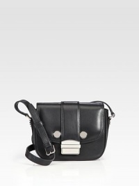 Crafted from supple leather, this petite design is dressed up with bold metallic hardware.Adjustable shoulder strap, 15½-19 drop Front flap buckle closure Inside zip, PDA and cellphone pockets Fully lined 6½W X 6H X 1¾D Made in Italy