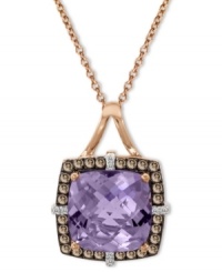 The total package. Le Vian's stunning cushion-cut amethyst pendant (4-1/2 ct. t.w.) pops against a frame of round-cut chocolate diamonds (1/4 ct. t.w.) and white diamond accents. Set in 14k rose gold. Approximate length: 18 inches. Approximate drop: 3/4 inch. The total package. Le Vian's stunning cushion-cut amethyst pendant (4-1/2 ct. t.w.) pops against a frame of round-cut chocolate diamonds (1/4 ct. t.w.) and white diamond accents. Set in 14k rose gold. Approximate length: 18 inches. Approximate drop: 3/4 inch.