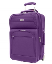 Your guide for getting there. Meet your travel match, an incredibly durable and extremely well-stocked suitcase that glides with ease, packs with order and arrives in style. A tightly woven polyester exterior holds up against the wear and tear of busy travels, while a two-compartment interior, with any-hanger suiter system, organizes, sorts and keeps your precious belongings wrinkle free. Your guide for getting there. Meet your travel match, an incredibly durable and extremely well-stocked suitcase that glides with ease, packs with order and arrives in style. A tightly woven polyester exterior holds up against the wear and tear of busy travels, while a two-compartment interior, with any-hanger suiter system, organizes, sorts and keeps your precious belongings wrinkle free.