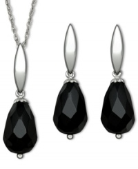 Black & bold. This pretty matching jewelry set features faceted onyx gemstones (8 mm x 12 mm) in a smooth sterling silver setting. Approximate length: 18 inches. Approximate drop (pendant): 3/4 inch. Approximate drop (earrings): 1 inch. Black & bold. This pretty matching jewelry set features faceted onyx gemstones (8 mm x 12 mm) in a smooth sterling silver setting. Approximate length: 18 inches. Approximate drop (pendant): 3/4 inch. Approximate drop (earrings): 1 inch.