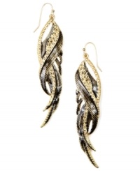 Get ready for take off, but don't forget to check your wings! RACHEL Rachel Roy's fashionable feather earrings incorporate black and topaz-hued glass accents in a gold tone mixed metal setting. Approximate drop: 3-1/2 inches. Get ready for take off, but don't forget to check your wings! RACHEL Rachel Roy's fashionable feather earrings incorporate black and topaz-hued glass accents in a gold tone mixed metal setting. Approximate drop: 3-1/2 inches.