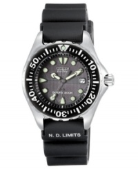 There's no limit to your imagination. Take it underwater with this Diver series watch by Citizen. Black rubber strap and round stainless steel case. Black unidirectional rotating bezel with white numerals and stick indices. Gray textured dial features luminous dot markers, date window at three o'clock, luminous hands and logo. Quartz movement. Water resistant to 300 meters. Five-year limited warranty. There's no limit to your imagination. Take it underwater with this Diver series watch by Citizen. Black rubber strap and round stainless steel case. Black unidirectional rotating bezel with white numerals and stick indices. Gray textured dial features luminous dot markers, date window at three o'clock, luminous hands and logo. Quartz movement. Water resistant to 300 meters. Five-year limited warranty.
