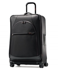 Start out on the right foot by packing in style! The durable construction features soft Nappa leather handles that lend a sophisticated charm to this bag. Sleek spinner wheels and an easy-to-use push button handle with comfort grip provide effortless mobility for the ultimate in convenience. 10-year warranty. Start out on the right foot by packing in style! The durable construction features soft Nappa leather handles that lend a sophisticated charm to this bag. Sleek spinner wheels and an easy-to-use push button handle with comfort grip provide effortless mobility for the ultimate in convenience. 10-year warranty.