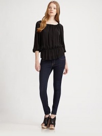 Look fabulous everyday with this chic, easy-to-wear voluminous top made of rich silk. Elasticized scoopneck can be worn off the shouldersThree-quarter length sleeves with elasticized cuffsElasticized dropped waistRuffle hemSilkDry cleanImportedModel shown is 5'10 (177cm) wearing US size Small. Look fabulous everyday with this chic, easy-to-wear voluminous top made of rich silk. Elasticized scoopneck can be worn off the shouldersThree-quarter length sleeves with elasticized cuffsElasticized dropped waistRuffle hemSilkDry cleanImportedModel shown is 5'10 (177cm) wearing US size Small.
