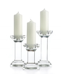 Towers of sleek, faceted crystal, Metropolitan pillar candle holders take modern decor to dazzling new heights. A beautiful gift for newlyweds! Towers of sleek, faceted crystal, Metropolitan pillar candle holders take modern decor to dazzling new heights. A beautiful gift for newlyweds!