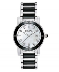 Take a risk with this daring watch by Bulova. Stainless steel bracelet with center links of black ceramic and round stainless steel case with black ceramic bezel. Mother-of-pearl dial features eight diamond accent markers, black minute track, date window at three o'clock, luminous hands and logo. Quartz movement. Water resistant to 30 meters. Three-year limited warranty. Take a risk with this daring watch by Bulova. Stainless steel bracelet with center links of black ceramic and round stainless steel case with black ceramic bezel. Mother-of-pearl dial features eight diamond accent markers, black minute track, date window at three o'clock, luminous hands and logo. Quartz movement. Water resistant to 30 meters. Three-year limited warranty.