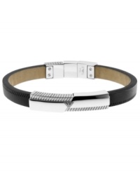 Love for Armani. This Emporio Armani men's logo bracelet is designed for the modern man. Crafted in black leather with a polished stainless steel textured accent with logo. Removable adjustable closure. Approximate length: 7-1/4 inches. Love for Armani. This Emporio Armani men's logo bracelet is designed for the modern man. Crafted in black leather with a polished stainless steel textured accent with logo. Removable adjustable closure. Approximate length: 7-1/4 inches.
