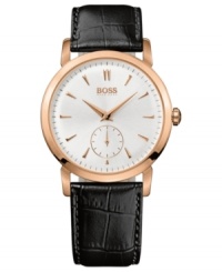 Stunning simplicity, by Hugo Boss. Rosy accents create a handsome dress watch perfect for white collar looks. Stunning simplicity, by Hugo Boss. Rosy accents create a handsome dress watch perfect for white collar looks.