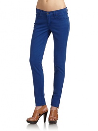 THE LOOKColored medium weight denimNarrow waistband with belt loops and logo button closureFront zipperFive-pocket styleSkinny legMetal logo detail at one back pocketTHE FITRise, about 7Inseam, about 26THE MATERIAL98% cotton/2% lycraCARE & ORIGINMachine washMade in USAModel shown is 5'10 (177cm) wearing US size 4. THE LOOKColored medium weight denimNarrow waistband with belt loops and logo button closureFront zipperFive-pocket styleSkinny legMetal logo detail at one back pocketTHE FITRise, about 7Inseam, about 26THE MATERIAL98% cotton/2% lycraCARE & ORIGINMachine washMade in USAModel shown is 5'10 (177cm) wearing US size 4.
