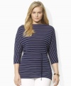 Featuring dolman sleeves and a classic striped pattern, this slinky plus size top from Lauren by Ralph Lauren is ideal for a comfortable yet sophisticated look. (Clearance)