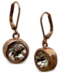 T Tahari makes its mark. Its Signature drop earrings are crafted from 14k rose gold-plated mixed metal with a bezel-set glass crystal for luster. A subtly engraved T appears on the crystal. Approximate drop: 2-1/8 inches. T Tahari makes its mark. Its Signature drop earrings are crafted from 14k rose gold-plated mixed metal with a bezel-set glass crystal for luster. A subtly engraved T appears on the crystal. Approximate drop: 2-1/8 inches.