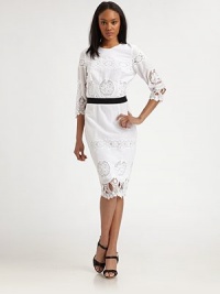 This vintage-inspired vision boasts delicate lace trim and a cinched waist, all in a fitted cotton sheath.Jewel necklineThree-quarter sleevesBodice dartsWide waistbandPleats below waistButton-top back keyholeCenter back zipperAbout 24 from natural waistCottonMachine washImportedModel shown is 5'10 (177cm) wearing US size 4. This vintage-inspired vision boasts delicate lace trim and a cinched waist, all in a fitted cotton sheath.Jewel necklineThree-quarter sleevesBodice dartsWide waistbandPleats below waistButton-top back keyholeCenter back zipperAbout 24 from natural waistCottonMachine washImportedModel shown is 5'10 (177cm) wearing US size 4.