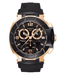 Inspired by the world of moto-racing, the T-Race watch by Tissot blends gold-winning details with speedy precision. Crafted of black rubber strap and round rose-gold PVD stainless steel case with black bezel. Black chronograph dial features rose-gold tone numerals at twelve, six and nine o'clock, applied stick indices, tachymeter scale, date window at three o'clock, rose-gold tone three hands, three subdials and logo. Swiss quartz movement. Water resistant to 100 meters. Two-year limited warranty. Inspired by the world of moto-racing, the T-Race watch by Tissot blends gold-winning details with speedy precision. Crafted of black rubber strap and round rose-gold PVD stainless steel case with black bezel. Black chronograph dial features rose-gold tone numerals at twelve, six and nine o'clock, applied stick indices, tachymeter scale, date window at three o'clock, rose-gold tone three hands, three subdials and logo. Swiss quartz movement. Water resistant to 100 meters. Two-year limited warranty.